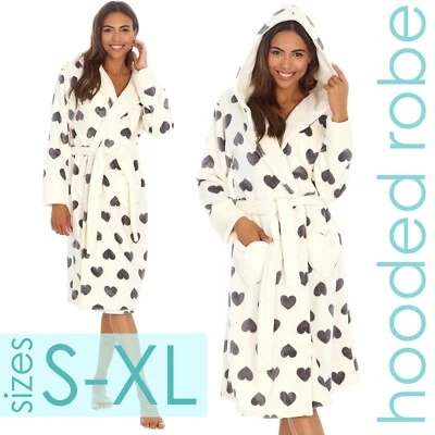 FOREVER DREAMING Ladies Hearts Heart Print Plush Fleece Dressing Gown with Hood S-XL Robe for Her