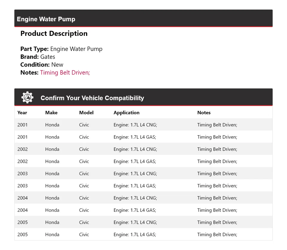 Puertas bomba agua motor Honda Civic 2001-2005 2002 2003 2004 Foto 2 de 4