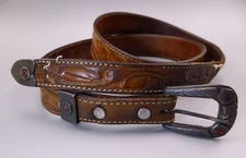 Vintage Mexican Sterling Ranger Belt Buckle Set, rubies, tooled leather, 36