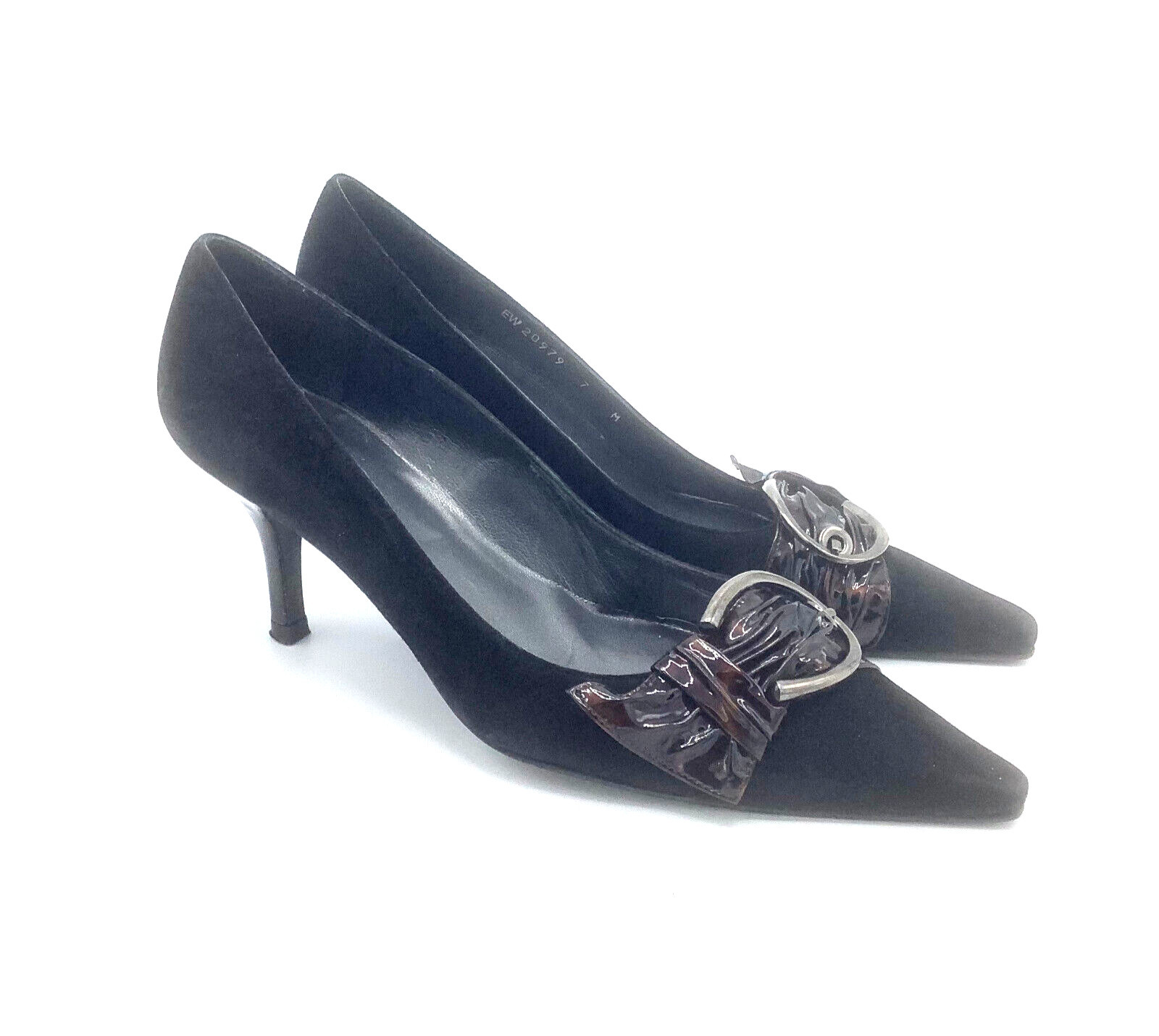 Stuart Weitzman Shoes Sz 7 Black Pointed Toe Buckle Suede Pump Heels