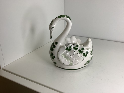 Vintage. Pereiras. Portugal. Hand Painted. Green and White. Swan Planter. Pot - Picture 4 of 12