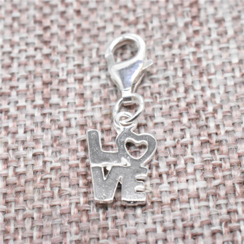 925 Sterling Silver Love Word Dangle Clip On Charm w/ Lobster Clasp for Bracelet - Picture 1 of 4