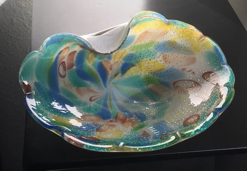 Vintage MCM large tutti-frutti Murano glass clamshell-style bowl ashtray