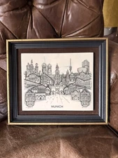 carol blaess artist 1983 munich etched marble wooden frame 10x12 Cityscape Art