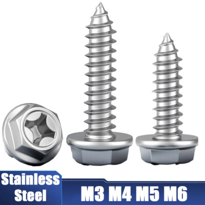 Flanged Phillips Hexagon Self-Tapping Screws A2 Stainless Hex Head Tappers M3-M6