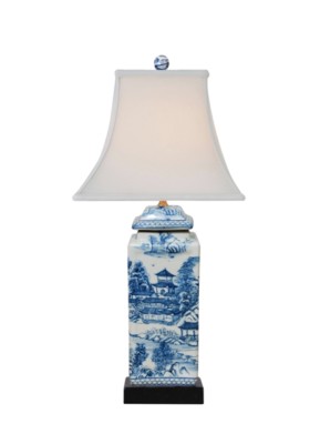 Beautiful Chinese Blue and White Blue Willow Porcelain Temple Jar Table Lamp 22''