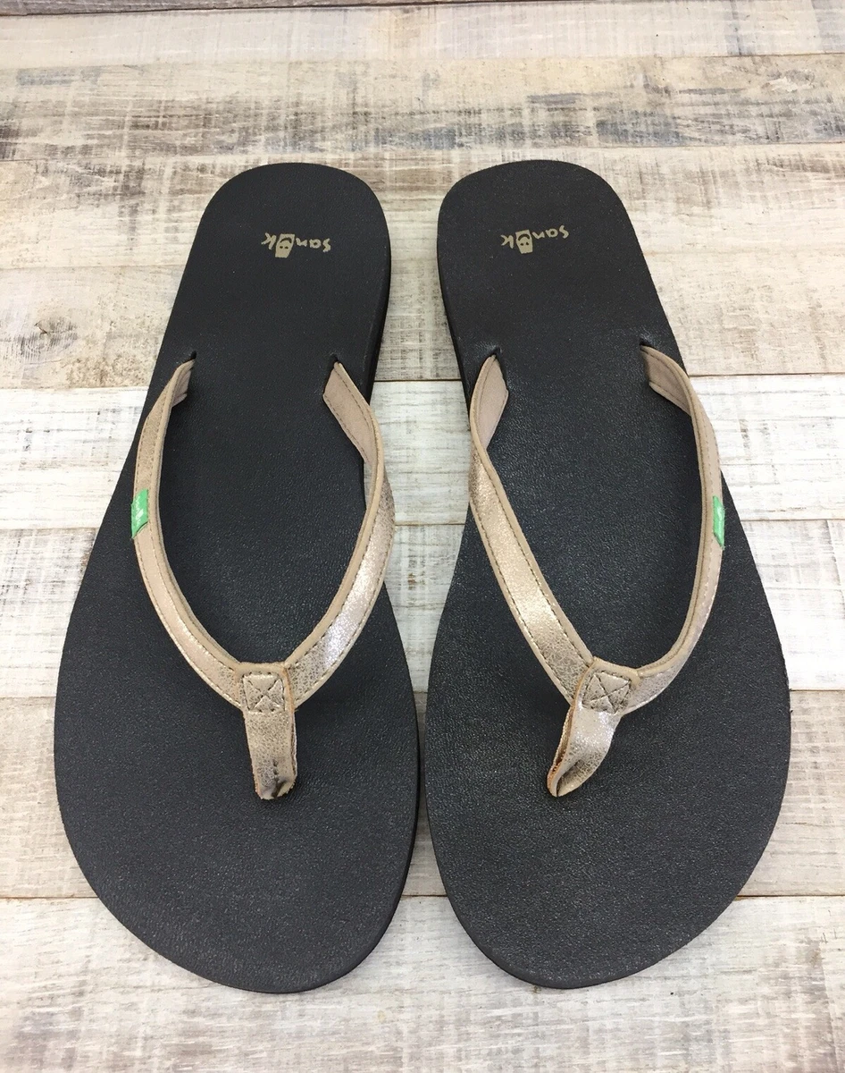 Sanuk Yoga Mat Joy Women Thong Sandals Black Vegan Leather Flip