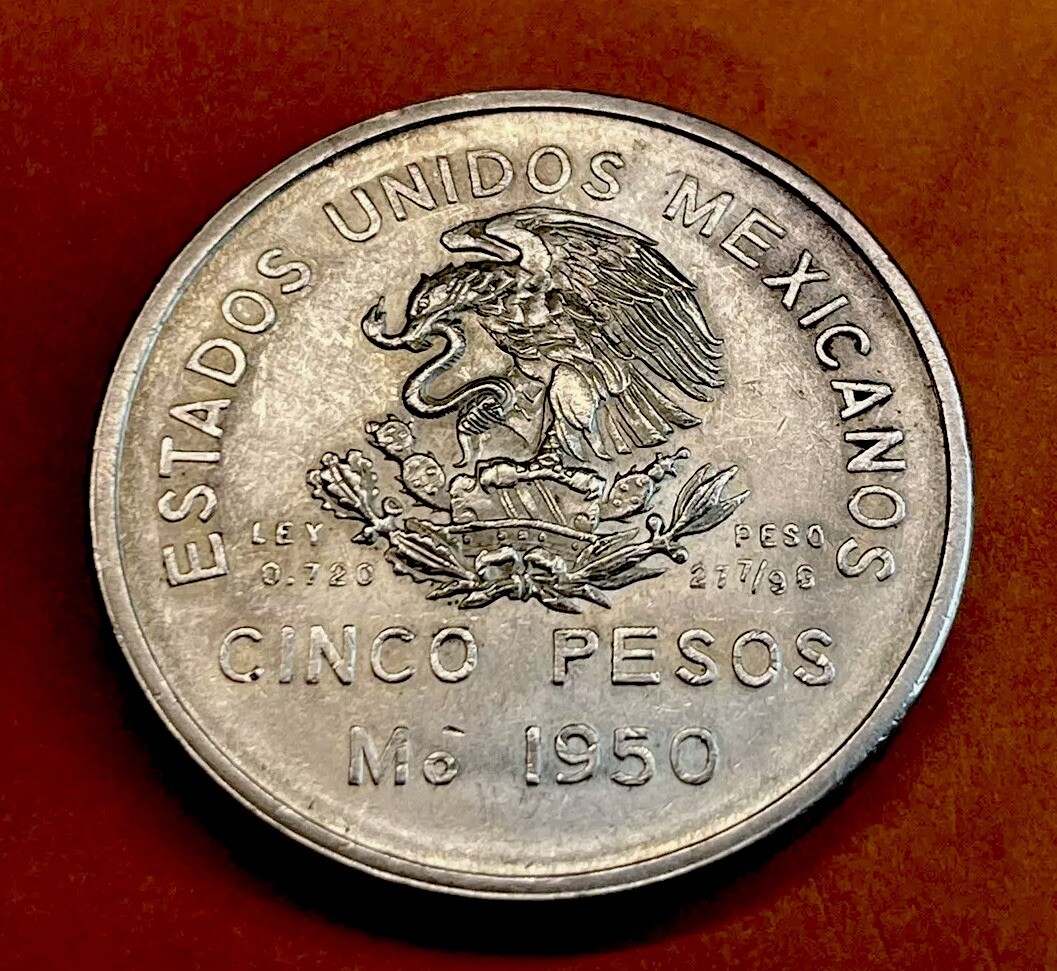 1950 Mexico 5 Pesos Southern Railroad Ferrocarril Inaugural Coin