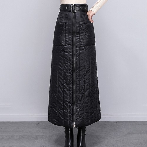 Jupe longue femme moulante slim rembourrée matelassée ceinture fermeture éclair poche chaude hiver douce - Photo 1/8