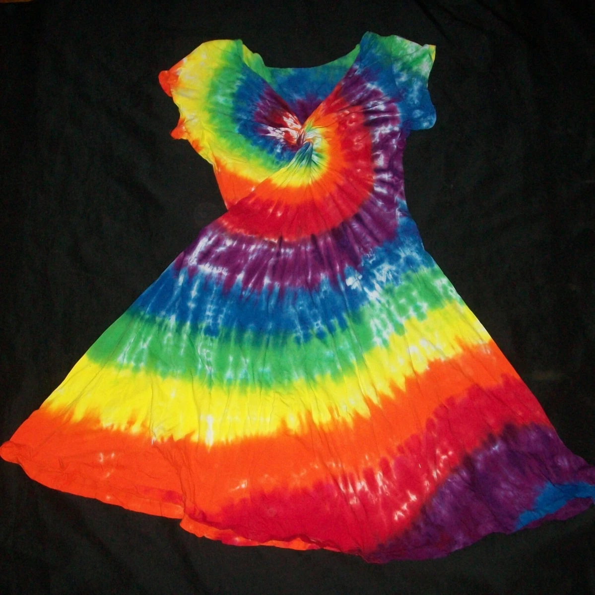Tie Dye Woman s Twist Front Dress Large Rainbow Spiral Cap Sleeve Hippy Tye Dyed