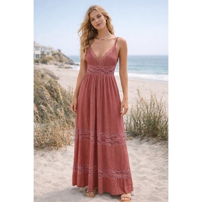 Rue 21 Dusty Rose Lace Maxi Dress Boho Sleeveless V-Neck Empire Waist | eBay