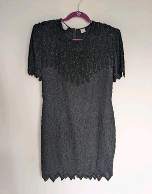 Vintage Laurence Kazar Black Beaded Cocktail Silk Dress Size L Petite Excellent 