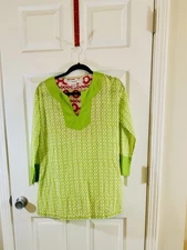 Gretchen Scott Designs S Tunic Blouse  V-Neck Circles  3/4 Sleeve Green/White 