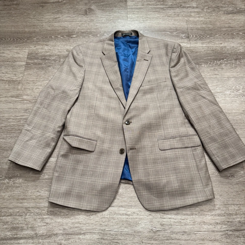 Tommy Hilfiger Sport Coat Mens 44 R Beige Plaid Blazer Jacket Two Button Wool - Image 2 of 4