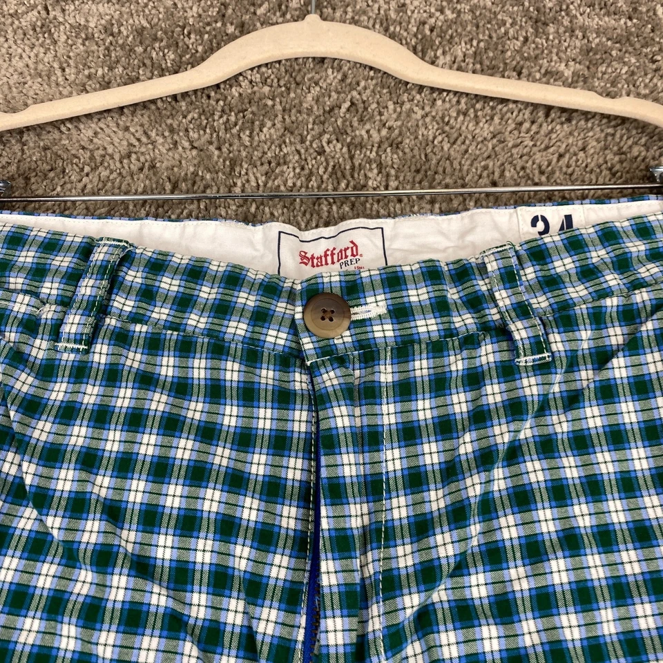 Stafford Prep Chino Shorts Men's Waist 34 Blue Green Multi Plaid Flat Front - Image 2 of 4