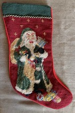 Vintage Hand Made Christmas Stocking, Wool, Cross Stitch, Santa - Saint Nick EUC