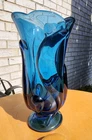 Vintage Cobalt Blue Fenton Heavy 8.5" Footed Vase #9758 Stylized Sea Waves