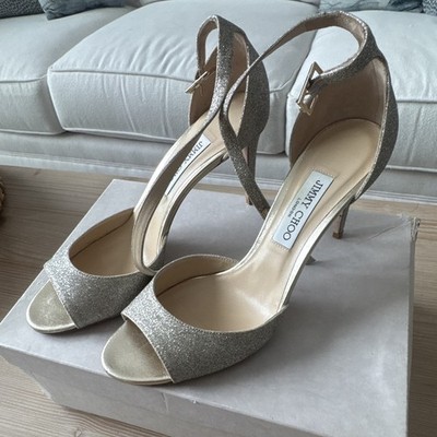 Jimmy Choo Women Glitter Silver Ankle Strap Open Toe Stiletto Heels 10.5