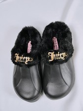 Juicy Couture Black Fuzzy Slide Slippers Womens Slip On Faux Fur Glam Y2K