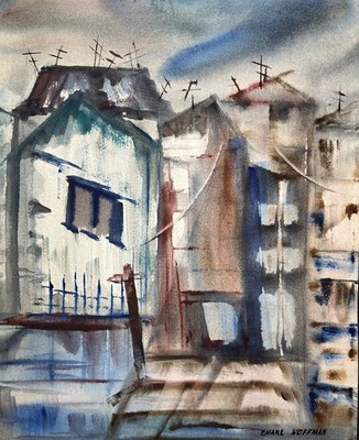 Little Town Landscape-Charlotte Hoffman Watercolor Mid 20th Century American Art
