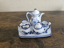 Miniature Blue And White Floral Tea Set Teapot Tray Sugar Creamer Cups Saucers