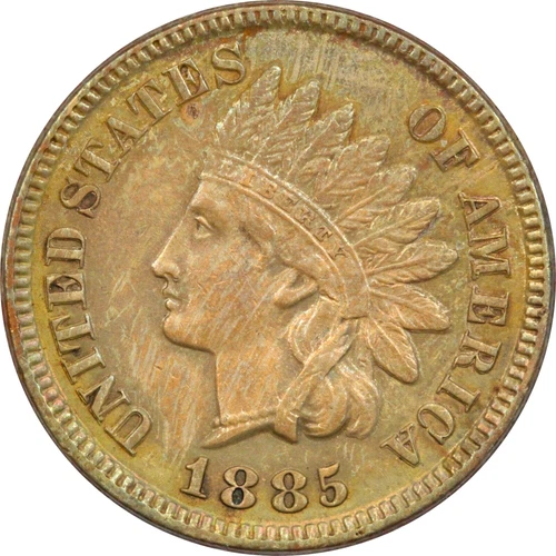 1885 Indian Head Cent 1C, Uncirculated BU, Cleaned, Mottled Toning