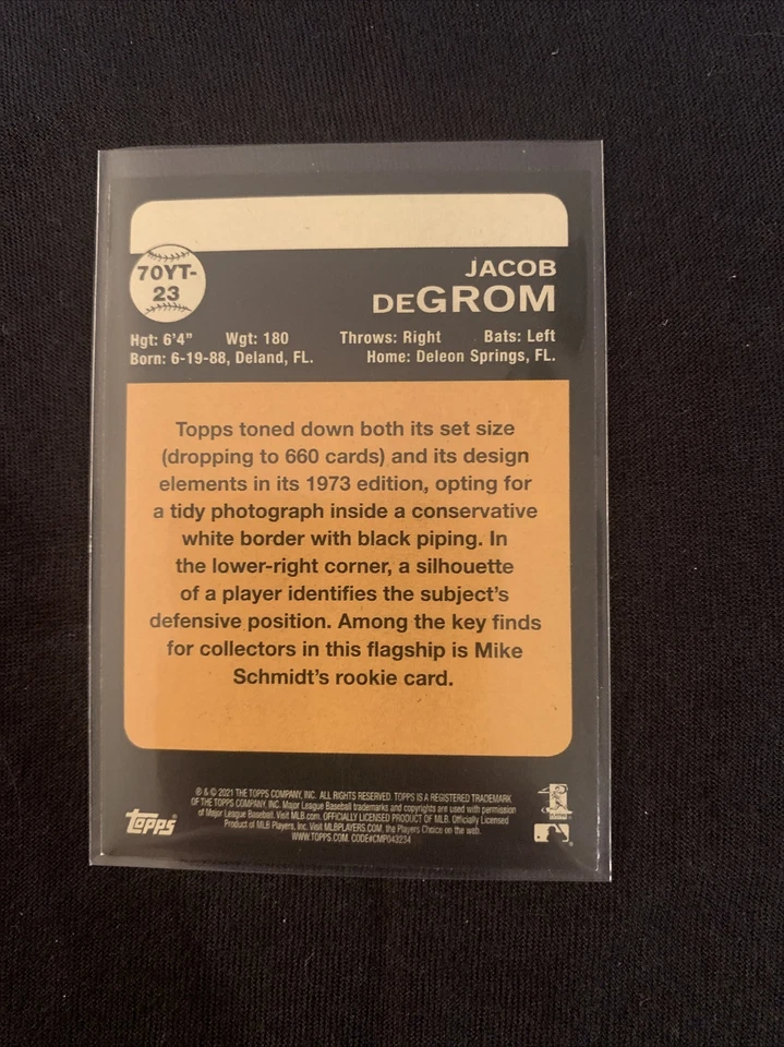 2021 Topps Series 1 Jacob DeGrom 70yt-23 70 Years Insert - Image 2 of 2