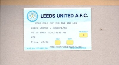 Billet De Match Original - Leeds United Vs Sunderland - Coupe De La Ligue - 06/10/1993