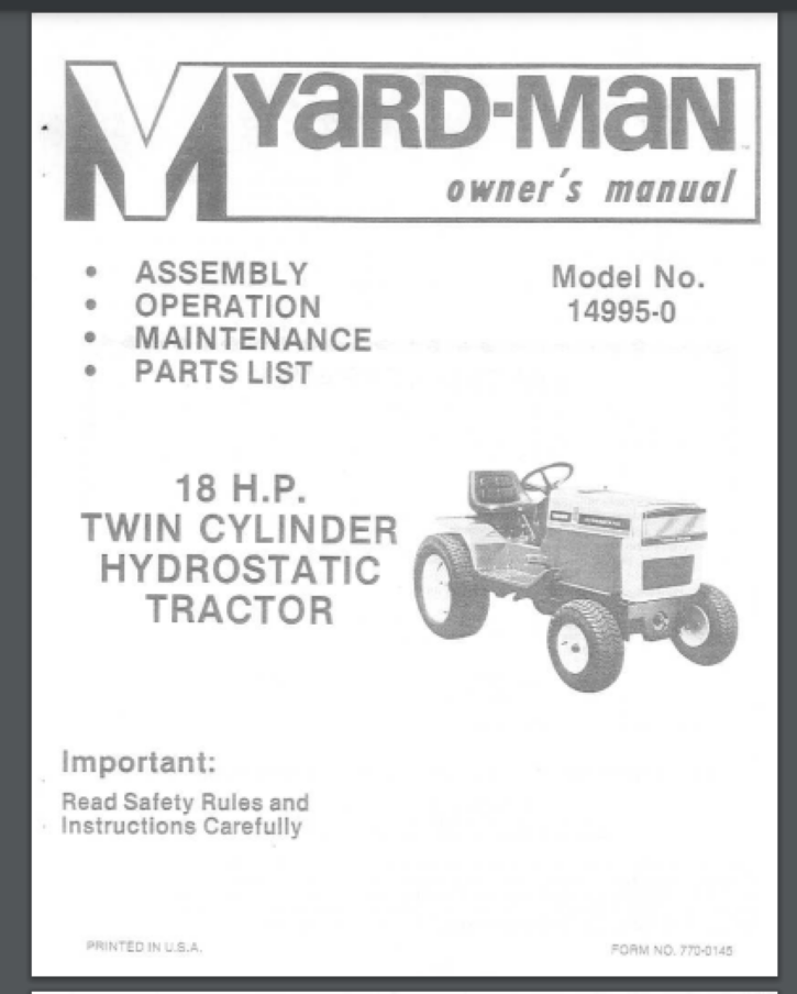 Yardman garden tractor YM80 14995-0 Owner parts manual 44 pages