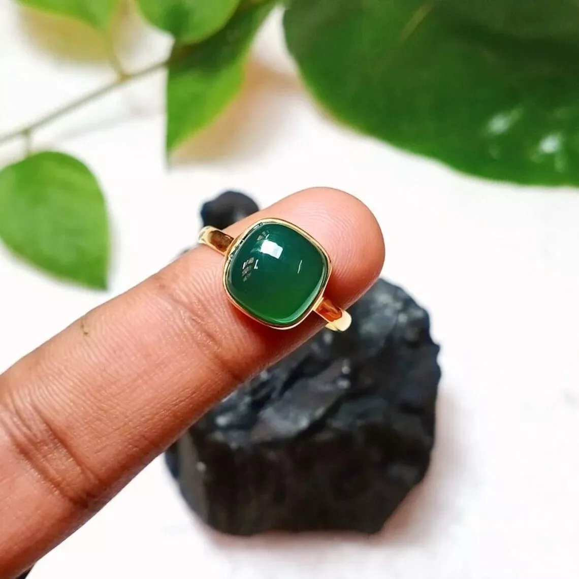 Natural Green Onyx Ring 925 Sterling Silver Statement Ring Gift
