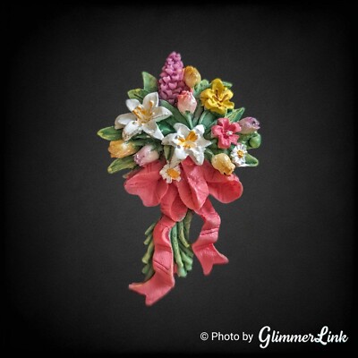 Vintage Multicolor Resin Bouquet Lilies, Tulips & Hyacinth Floral Pin