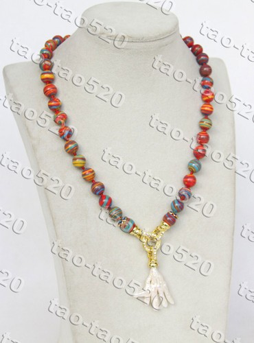 Handmade 18" Necklace With 10mm Colorful Tourmaline Beads & Keshi Pearl Pendant - Gold Plated