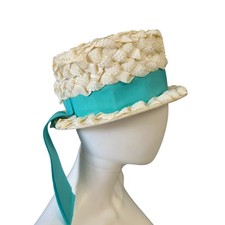 Vintage 1960s Woven Straw Cream Brimmed Hat Turquoise Blue Ribbon JS