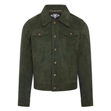 Men's Olive Green Real Suede Leather Trucker Jacket Denim Style Jean Button Coat