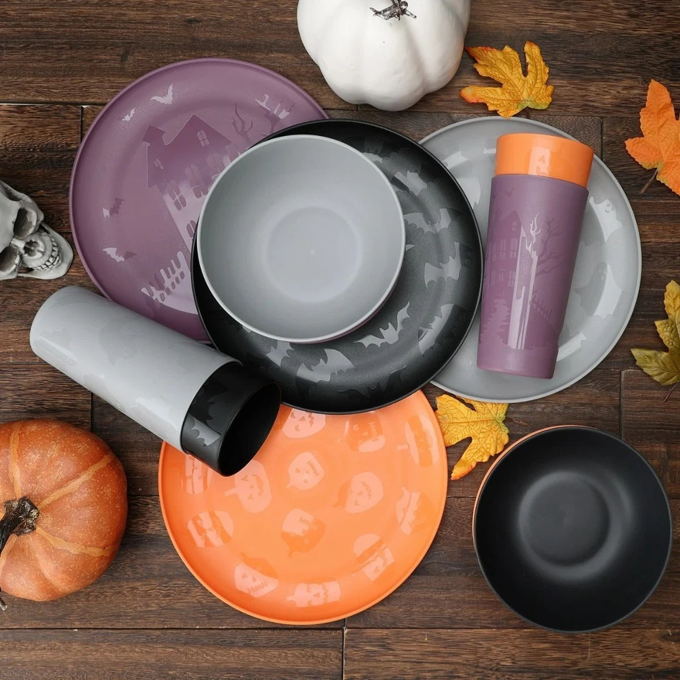 Dinnerware Set Etched Haunted House Pattern Bowls Plates Tumblers Set, 30-PCS - Image 4 of 4