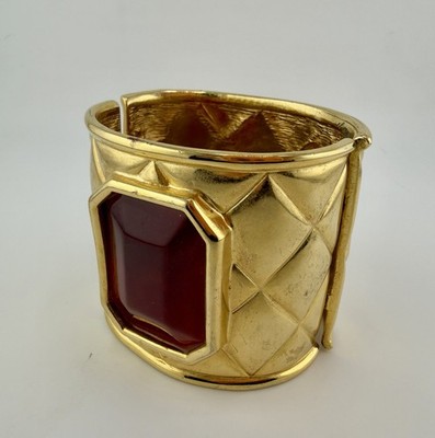 Vintage Late 1980s Les Bernard Gold Quilted Cuff w/Red Poured Glass Stone *AS IS