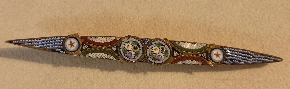 BROCHE ANCIENNE MICRO-MOSAÏQUE – Émaux Polychromes – Fin 19ème Siècle