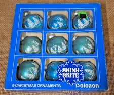 Vtg Shiny Brite Mercury Glass  blue stencil tree scene ornaments  w/box