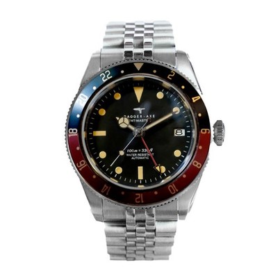 Dagger Axe Voyager Automatik GMT Stahl Schwarz Datum Rot Blau Herrenuhr
