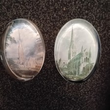2x VINTAGE Glass Paperweight Showing Cathedrals - Oval Shape in Good Condition.