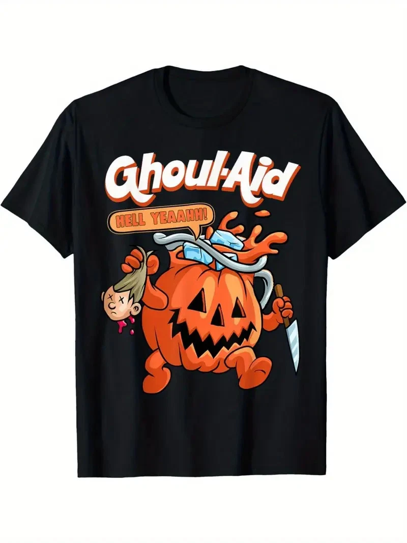 Men's Halloween Ghoul Aid Pumpkin Graphic T-Shirt - 100% Cotton Short Sleeve Cre