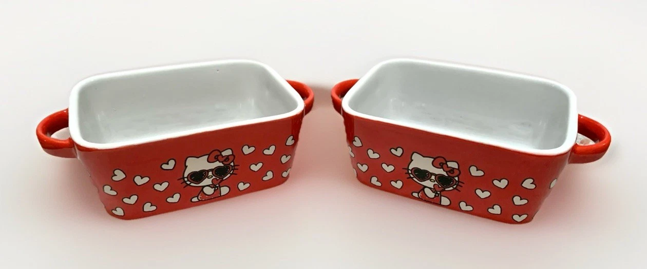 NEW Set of 2 Hello Kitty w/Sunglasses & Hearts Red Ceramic Mini Loaf Pans