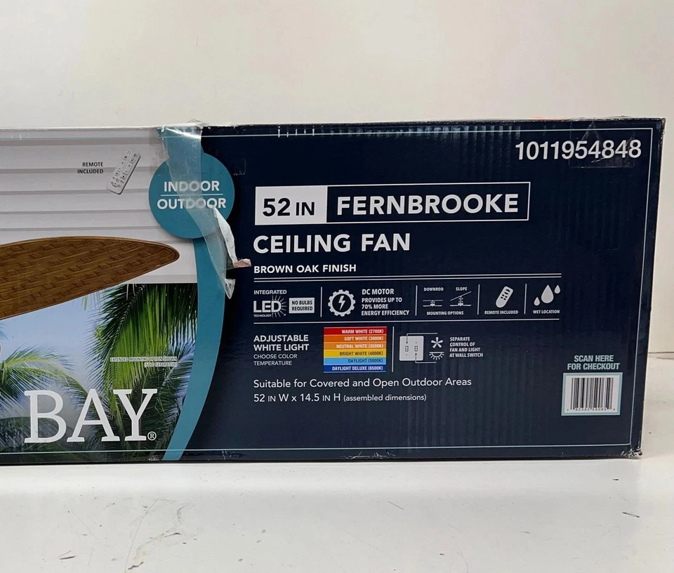 Hampton Bay Fernbrooke 52 pulgadas Ventilador de techo LED interior/exterior roble marrón con mando a distancia Foto 2 de 4