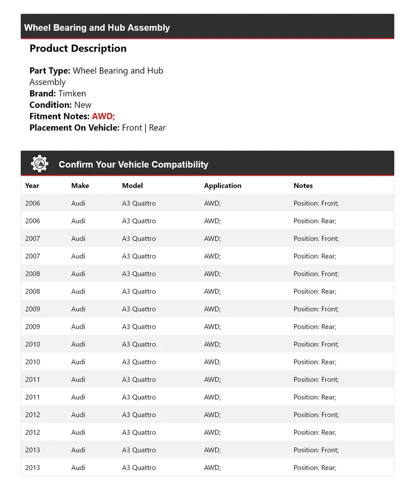 Conjunto de cojinete de rueda y buje Timken 2007 para Audi A3 Quattro AWD para Audi 2006-2013 Foto 2 de 4