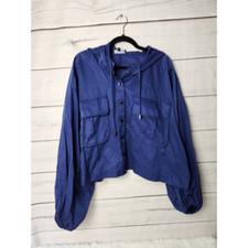 Eloquii Womens Windbreaker Jacket Blue Buttons Hooded Pockets Mock Neck Plus 28