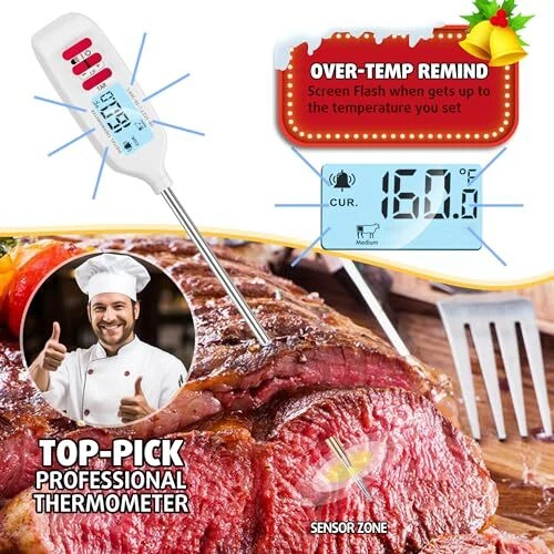 Meat Thermometer with Long Food Temperature Probe, Meat Thermometer - White