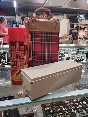 Aladdin RED PLAID THERMOS LUNCH BOX PICNIC SET CANVAS VINYL BAG
