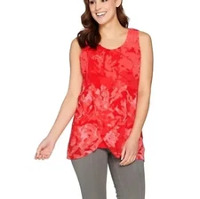 H by Halston 1X Red Floral Chiffon Tulip Front Sleeveless Blouse Tank Top Plus