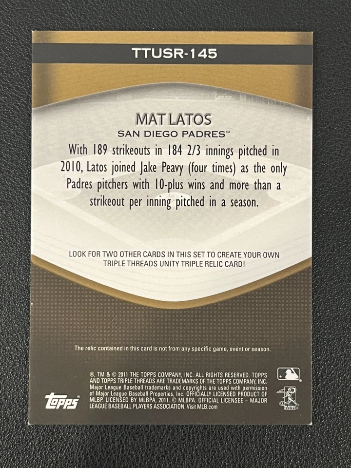 Mat Latos 2011 Topps Triple Threads Relic Game Used /9 Padres - Image 2 of 2