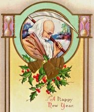c1907 New Year, Father Time, holly, mistletoe, embossed, unposted, neat card